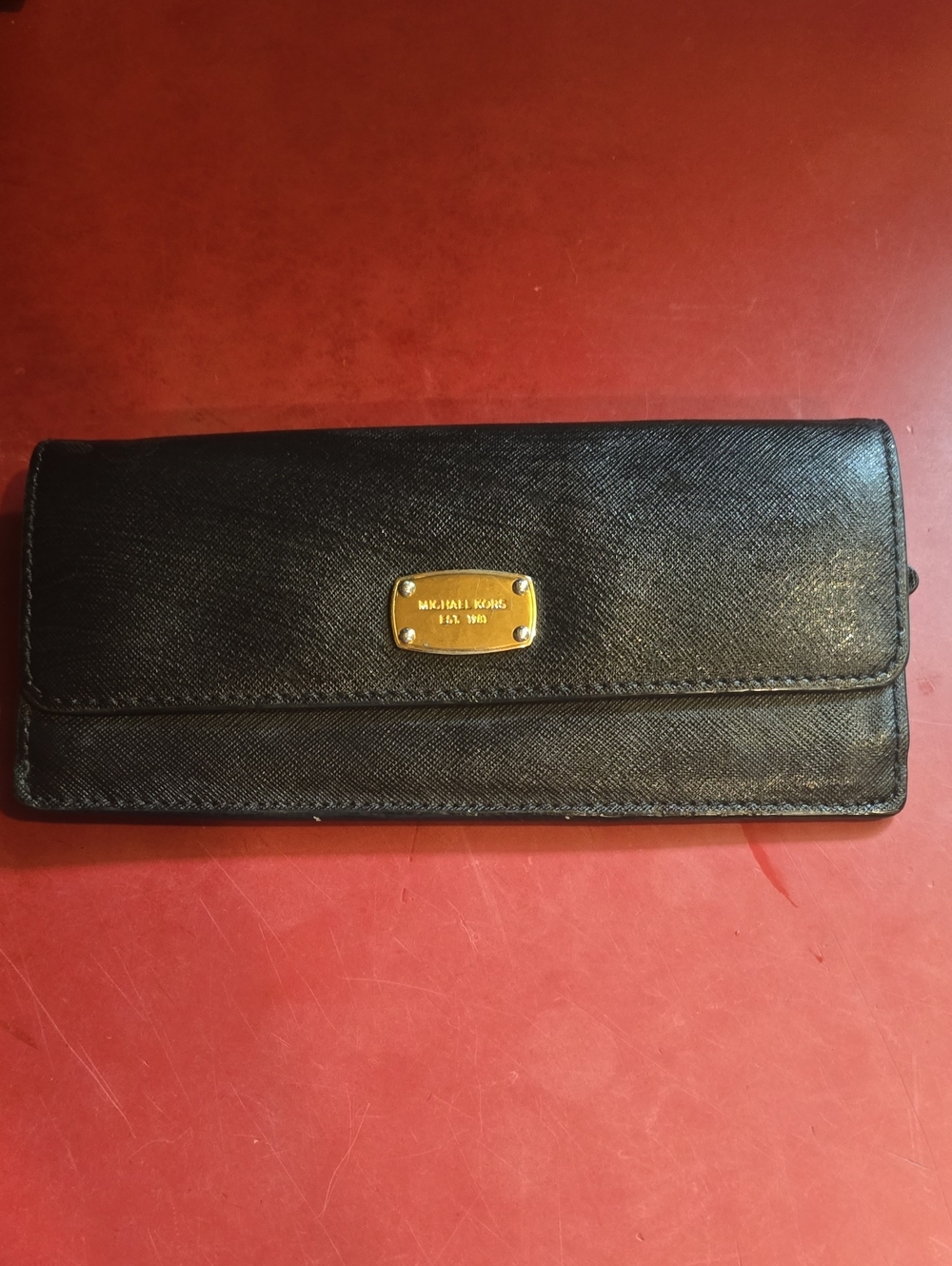 Michael Kors Black Leather Continental Card Holder with Gold Plate